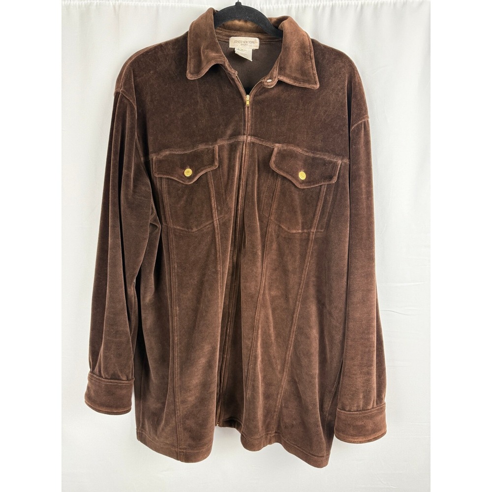 Jones New York Sport Velour Zip Up Jacket Collared Pockets Brown Medium